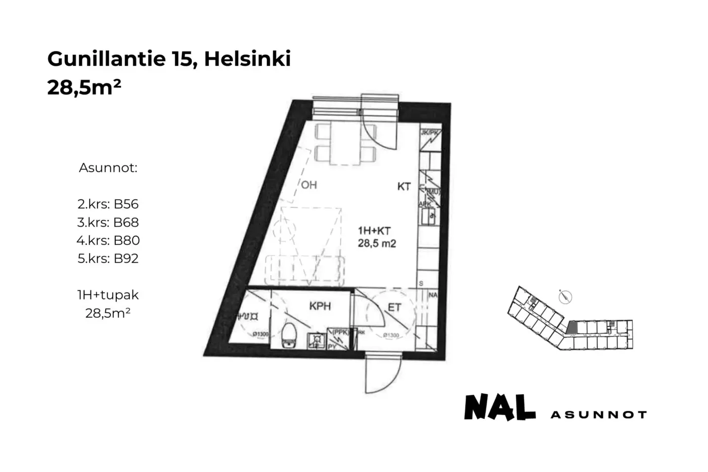 Gunillantie 15, 28,5m², B56, B68, B80, B92