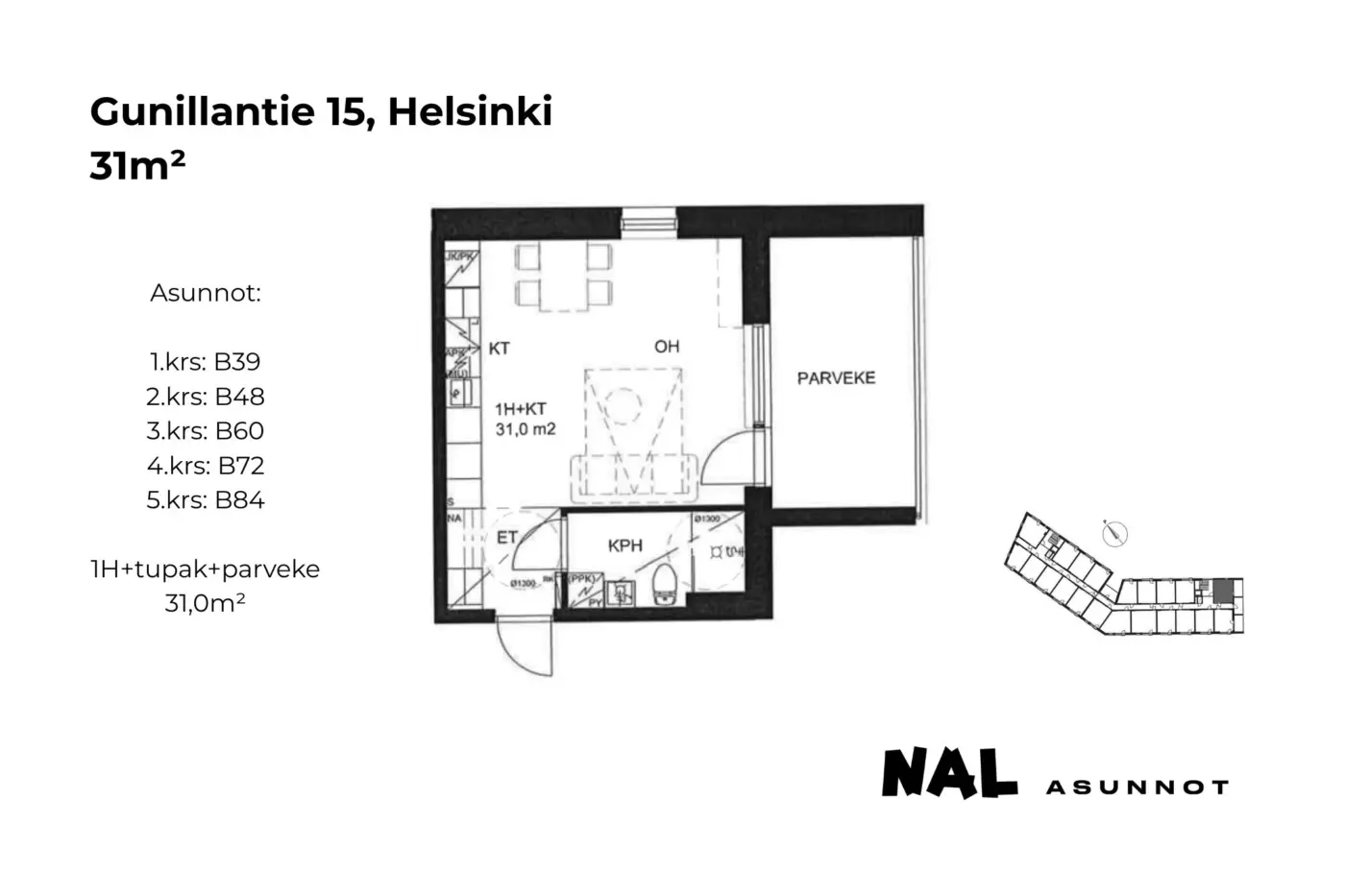 Gunillantie 15, 31m², B39, B48, B60, B72, B84