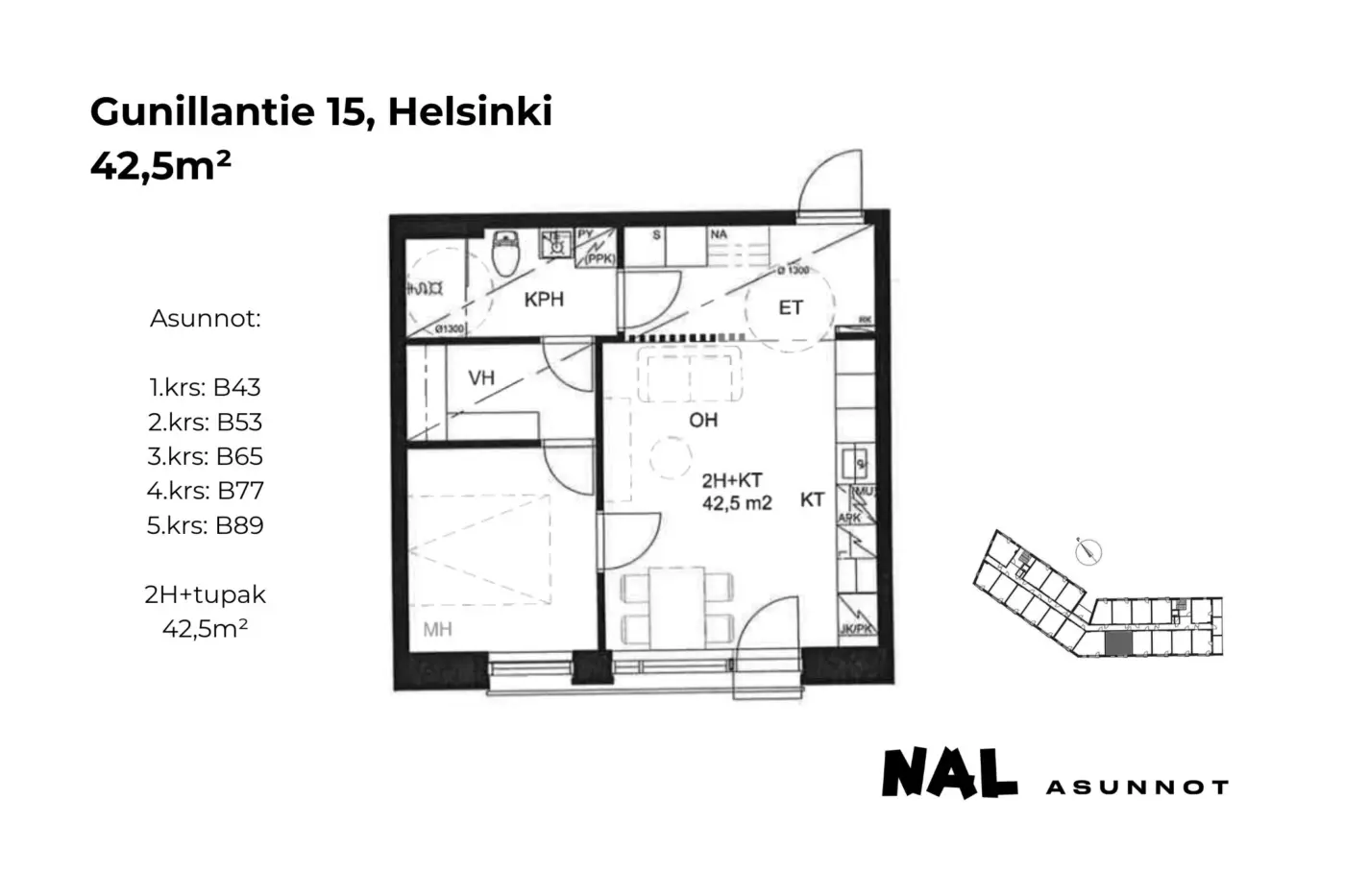 Gunillantie 15, 42,5m², B43, B53, B65, B77, B89