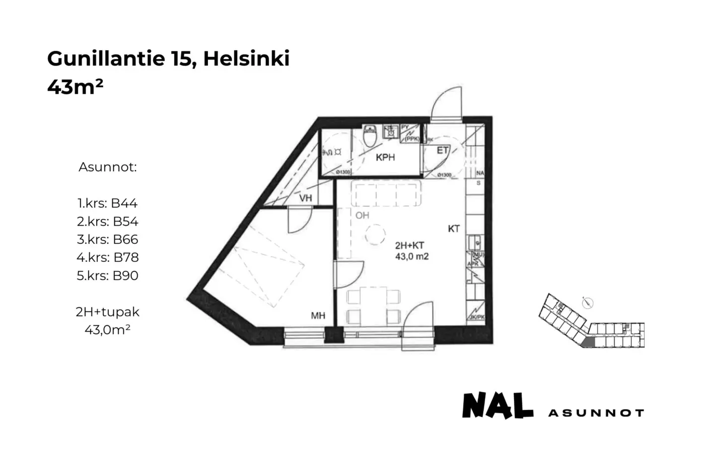 Gunillantie 15, 43m², B44, B54, B66, B78, B90