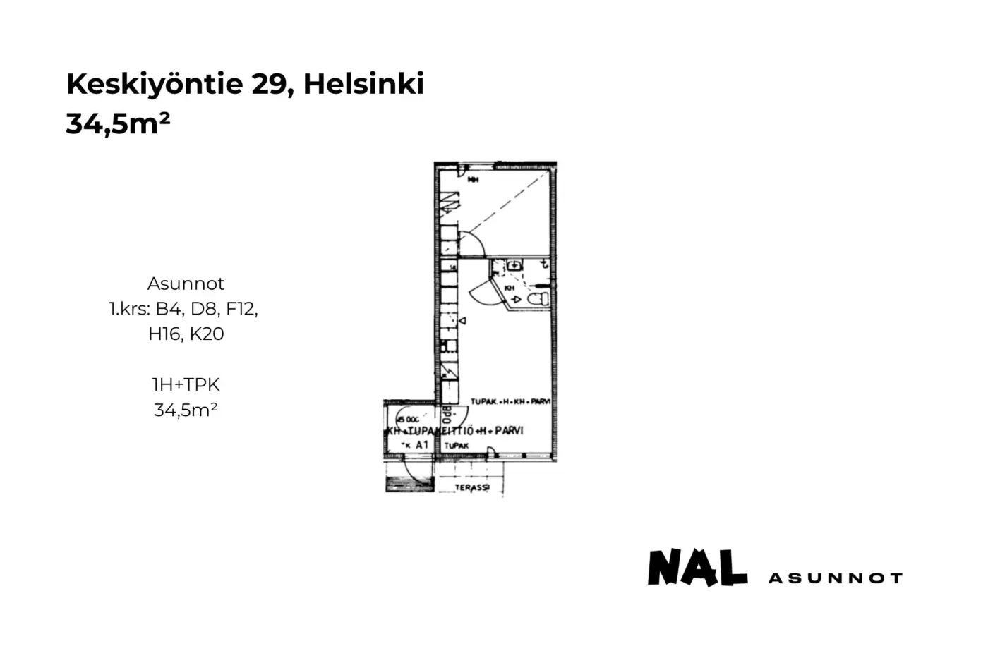 Keskiyöntie 29, 34,5m², B4, D8, F12, H16, K20