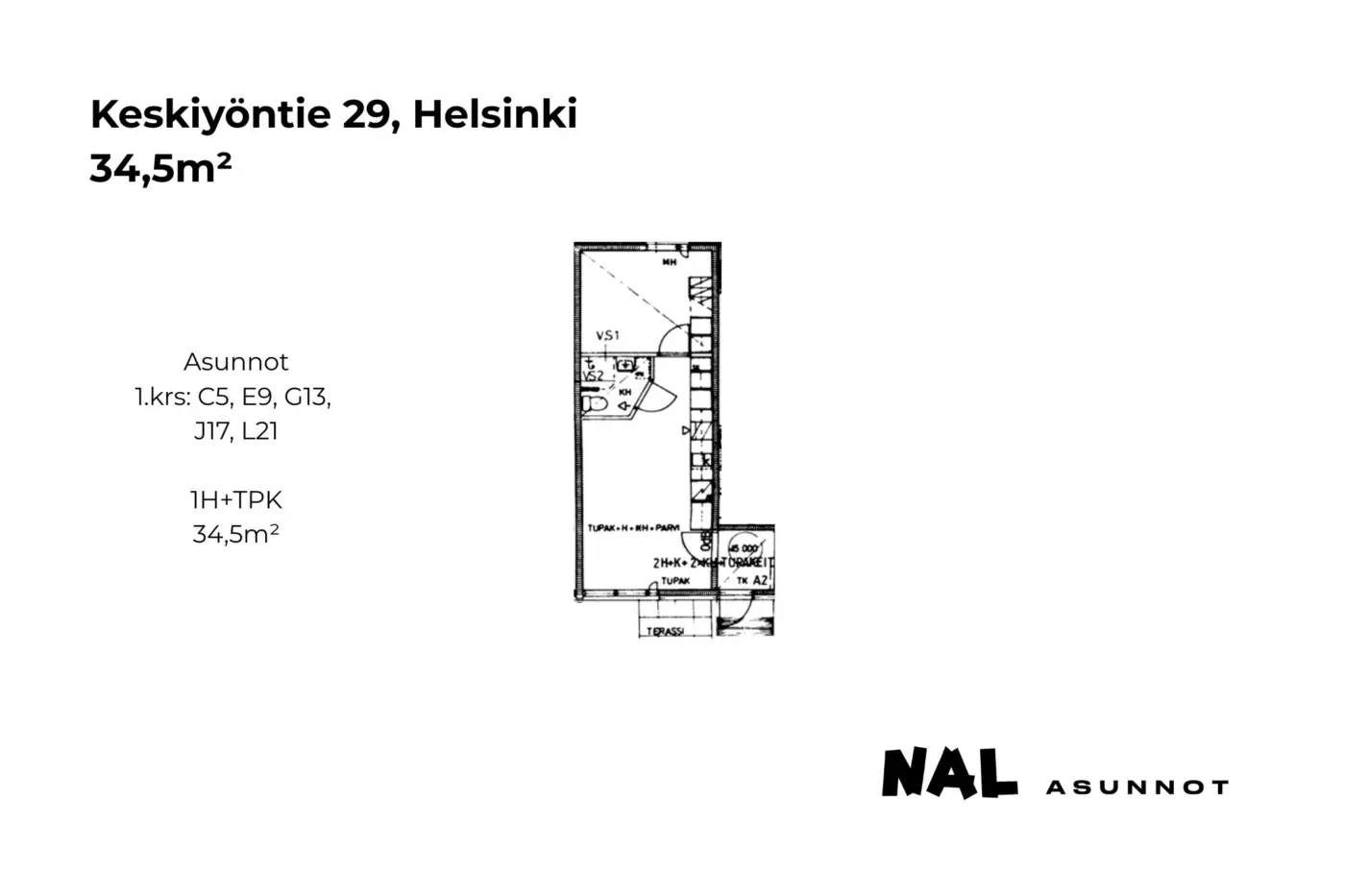 Keskiyöntie 29, 34,5m², C5, E9, G13, J17, L21