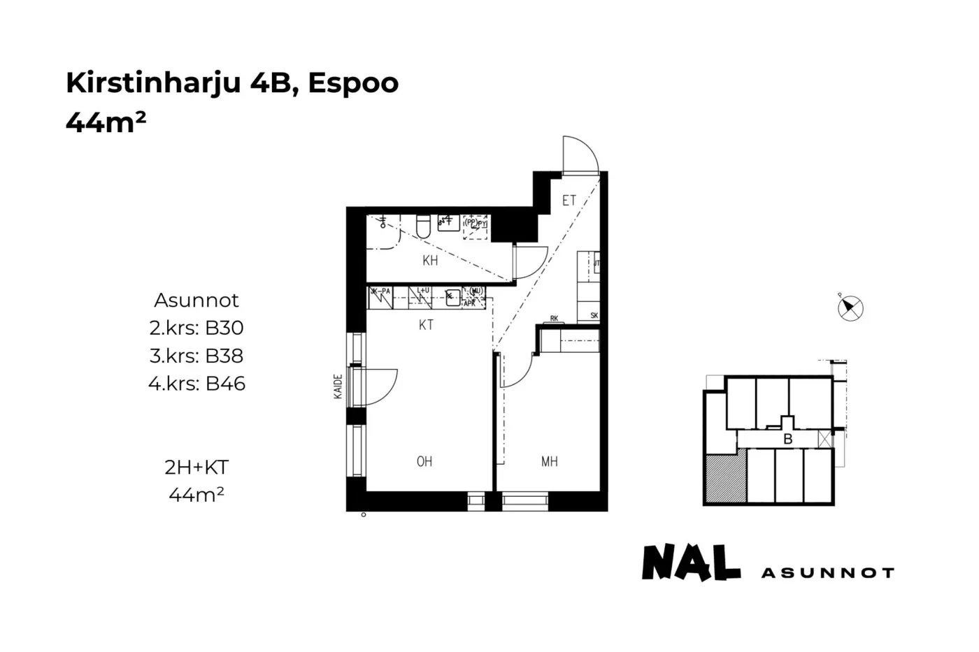 Kirstinharju 4B, B30, B38, B46, 44m2