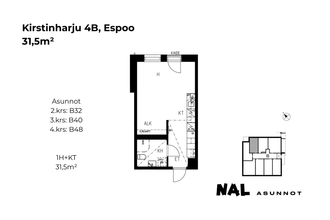 Kirstinharju 4B, B32, B40, B48, 31,5m2