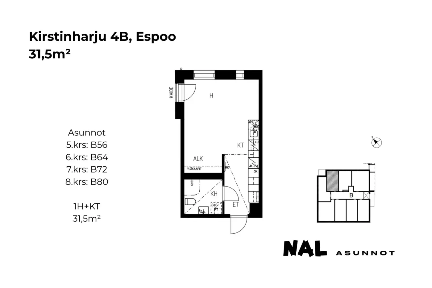 Kirstinharju 4B, B56, B64, B72, B80, 31,5m2