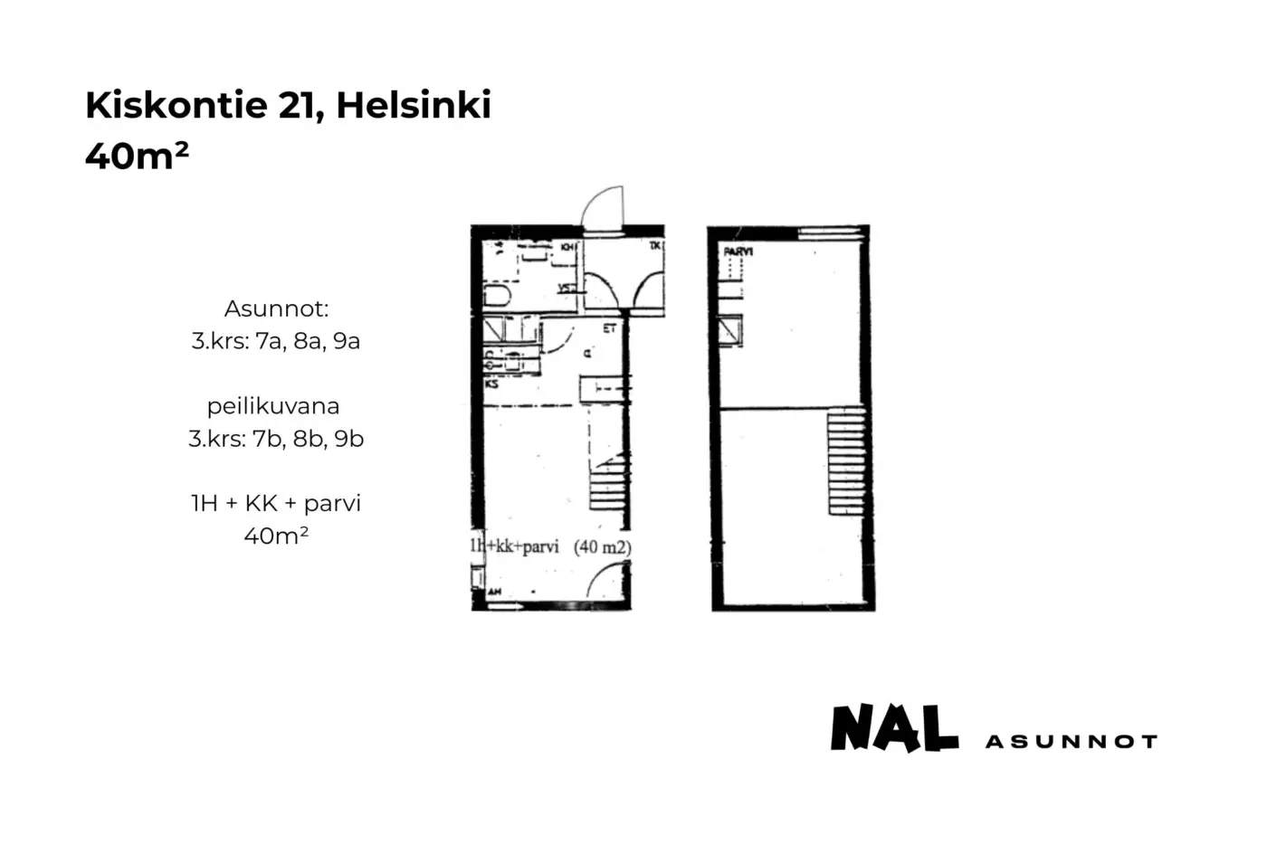 Kiskontie 21, 40m², 7a, 7b, 8a, 8b, 9a, 9b