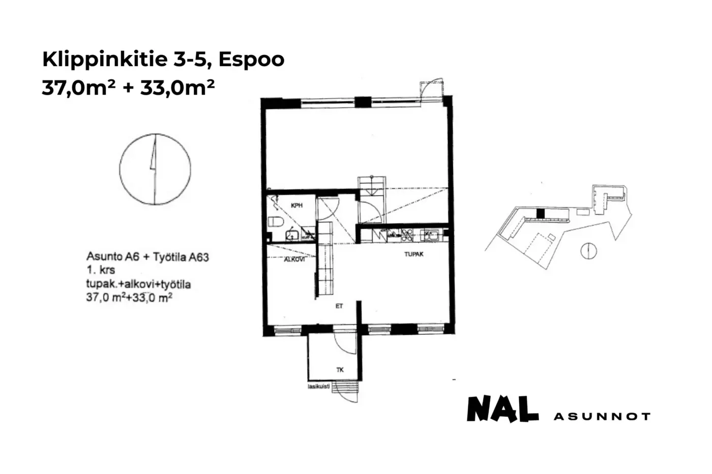 Klippinkitie 3-5, 37,0m² + 33,0m² , A6 + työtila A63
