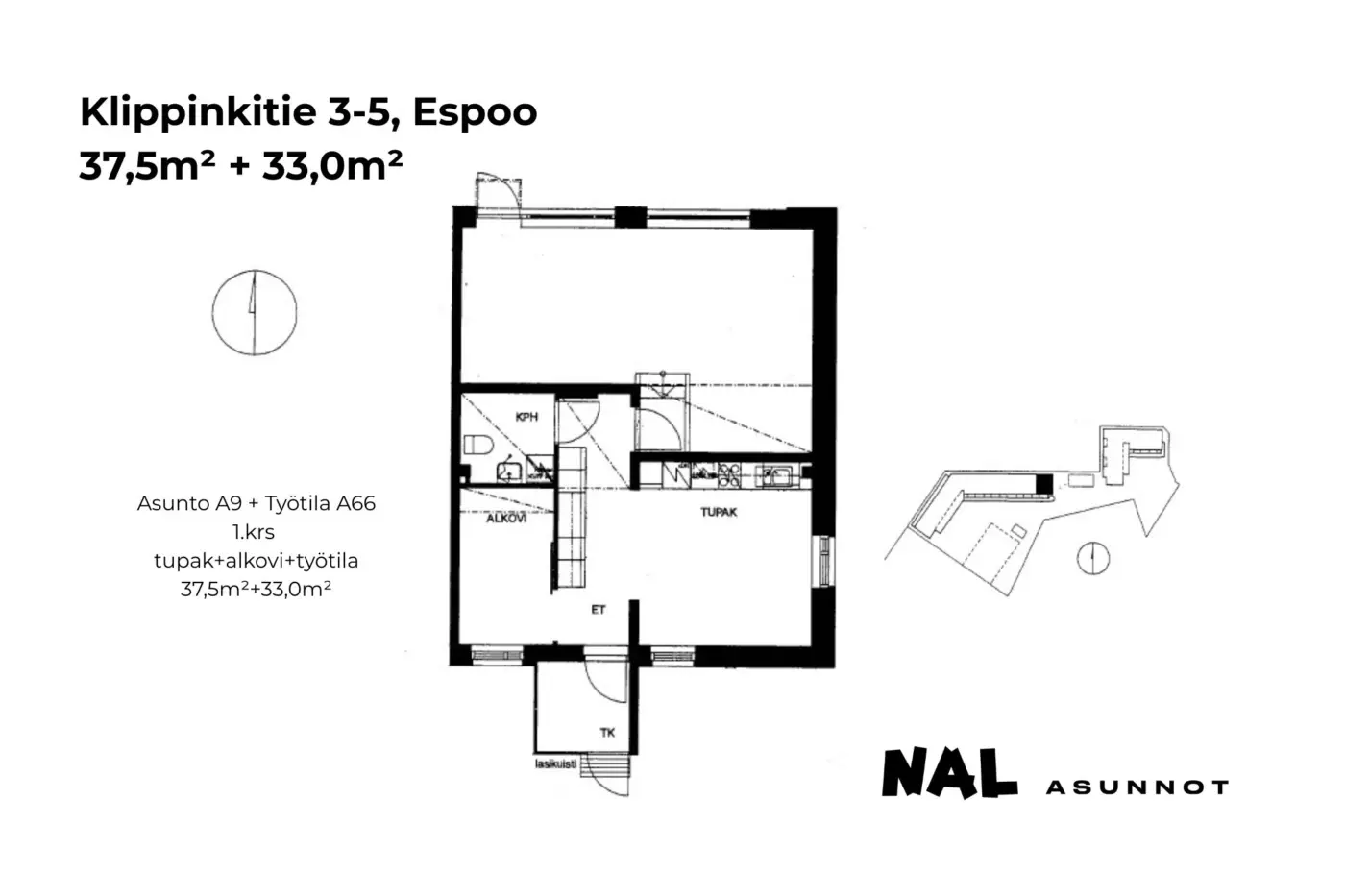 Klippinkitie 3-5, 37,5m² + 33,0m², A9 + työtila A66