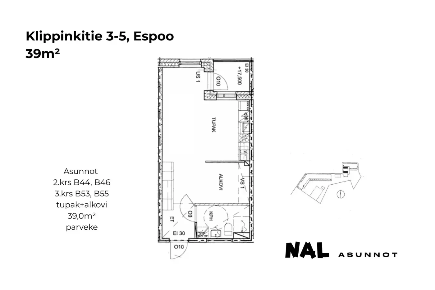 Klippinkitie 3-5, 39m², B44, B46, B53, B55