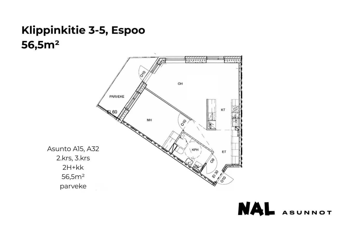 Klippinkitie 3-5, 56,5m², A15, A32