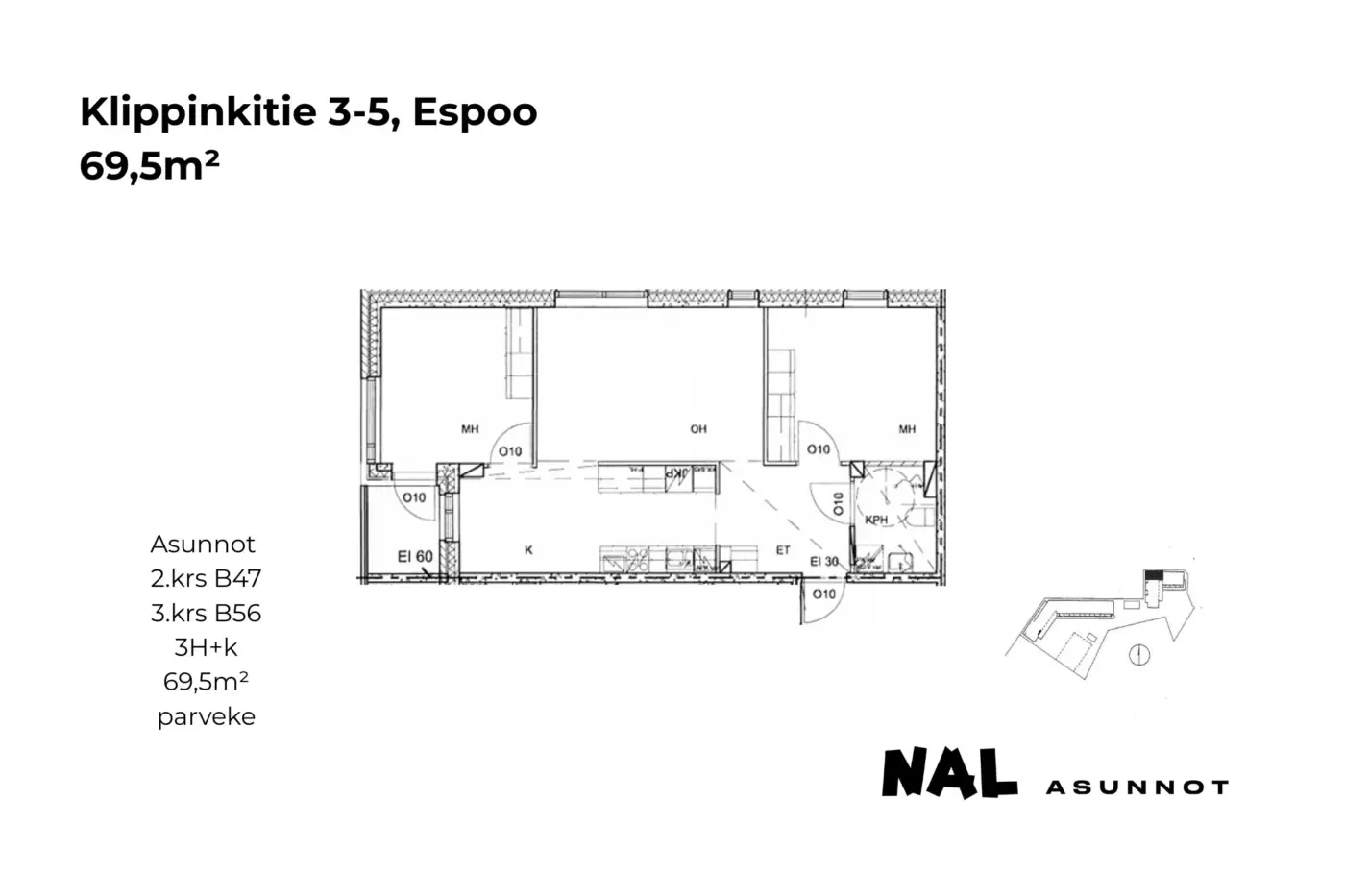 Klippinkitie 3-5, 69,5m², B47, B56