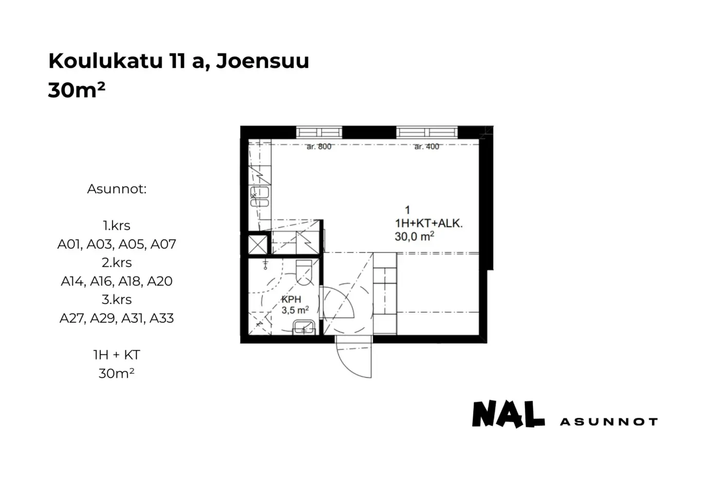 Koulukatu 11 a, A01, A03, A05, A07, A14, A16, A18, A20, A27, A29, A31, A33, 30m2