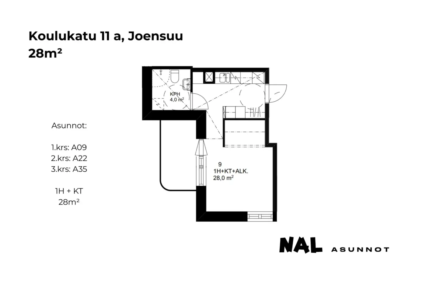 Koulukatu 11 a, A09, A22, A35, 28m2