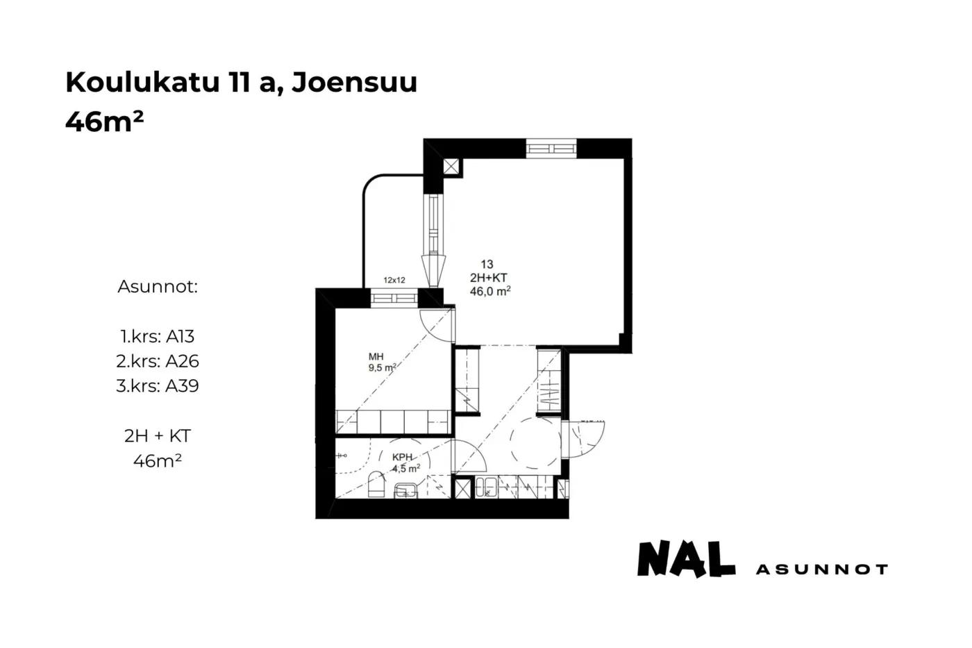 Koulukatu 11 a, A13, A26, A39, 46m2
