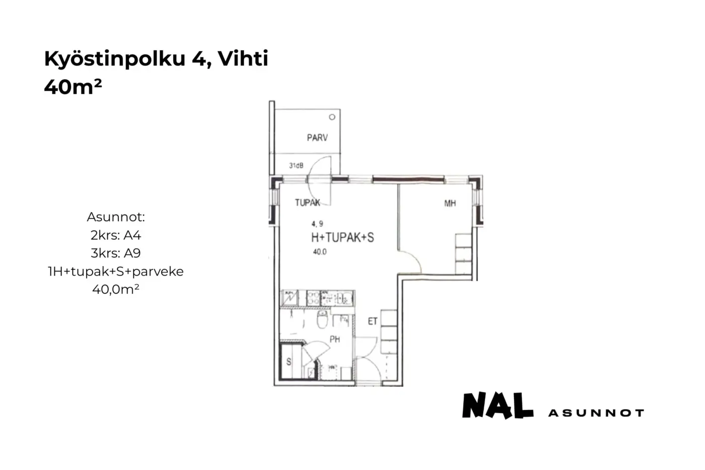 Kyöstinpolku 4, 40m², A4, A9