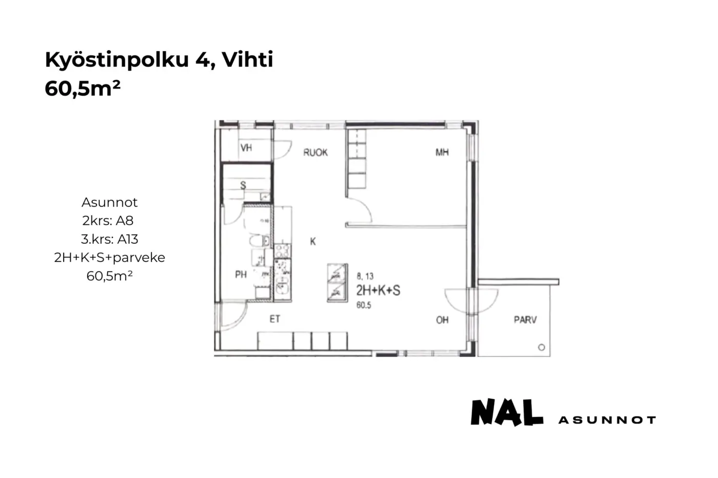 Kyöstinpolku 4, 60,5m², A8, A13