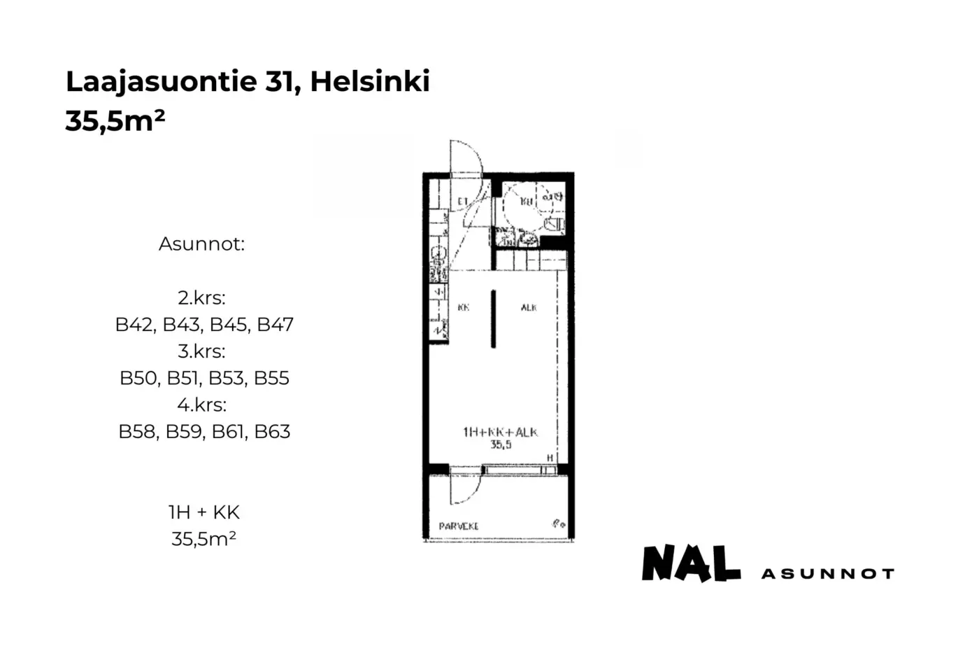 Laajasuontie 31, B42, B43, B45, B47, B50, B51, B53, B55, B58, B59, B61, B63, 35,5m2