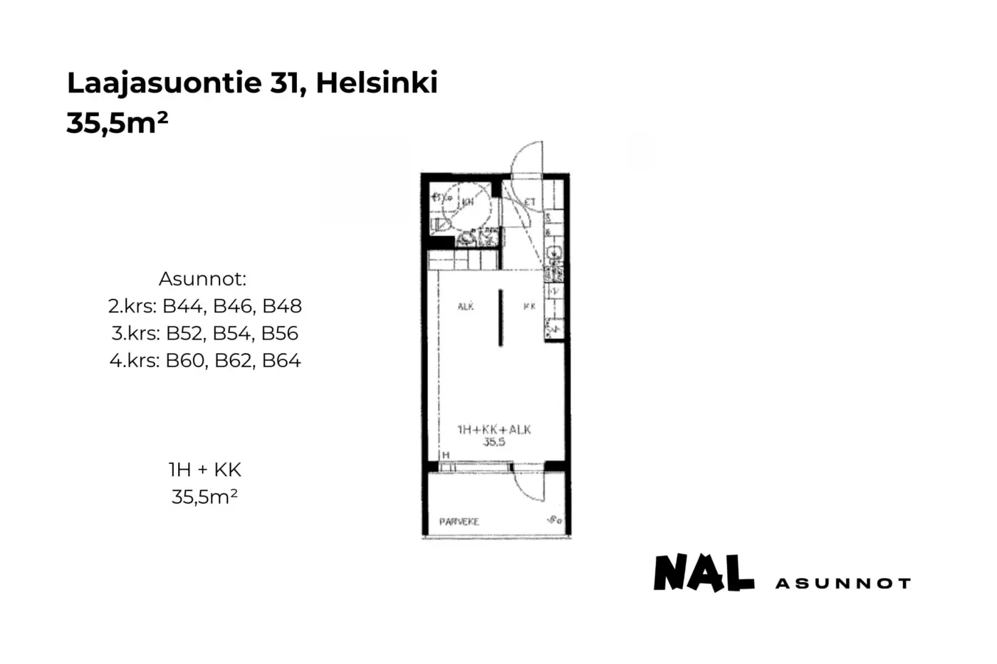 Laajasuontie 31, B44, B46, B48, B52, B54, B56, B60, B62, B64, 35,5m2