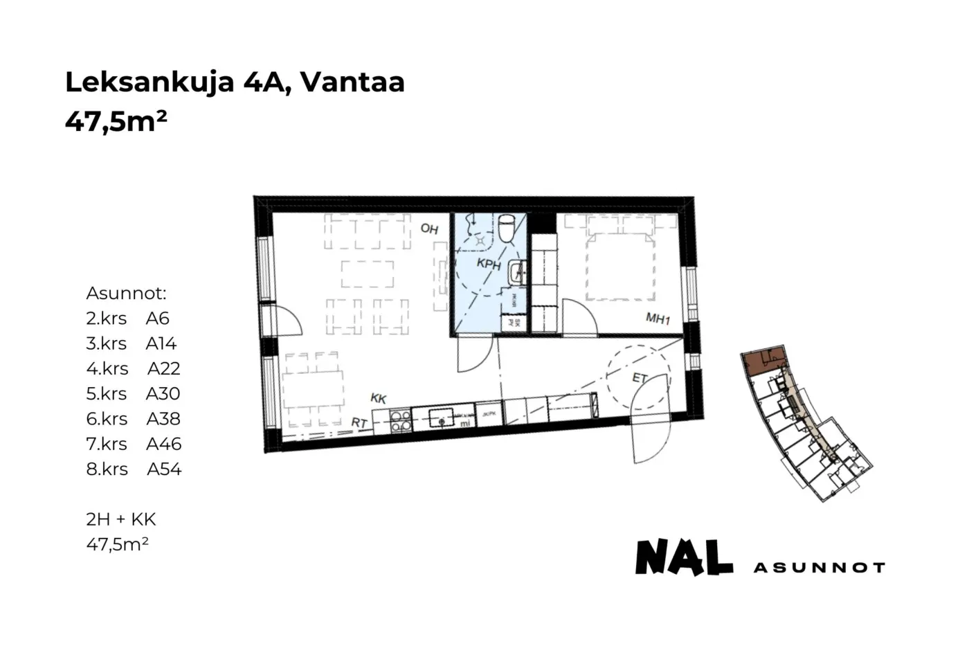 Leksankuja 4A, A06, A14, A22, A30, A38, A46, A54, 47,5m2Leksankuja 4A, A06, A14, A22, A30, A38, A46, A54, 47,5m2