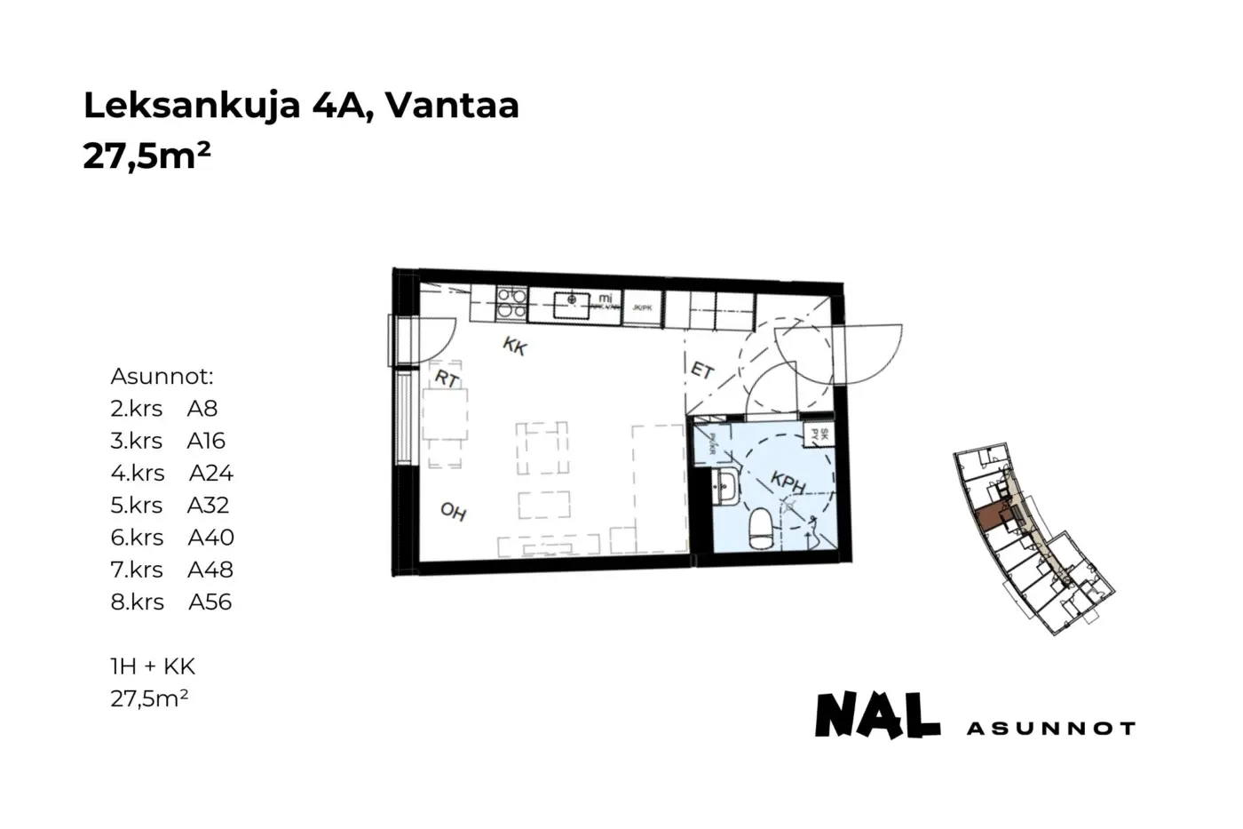 Leksankuja 4A, A08, A16, A24, A32, A40, A48, A56, 27,5m2