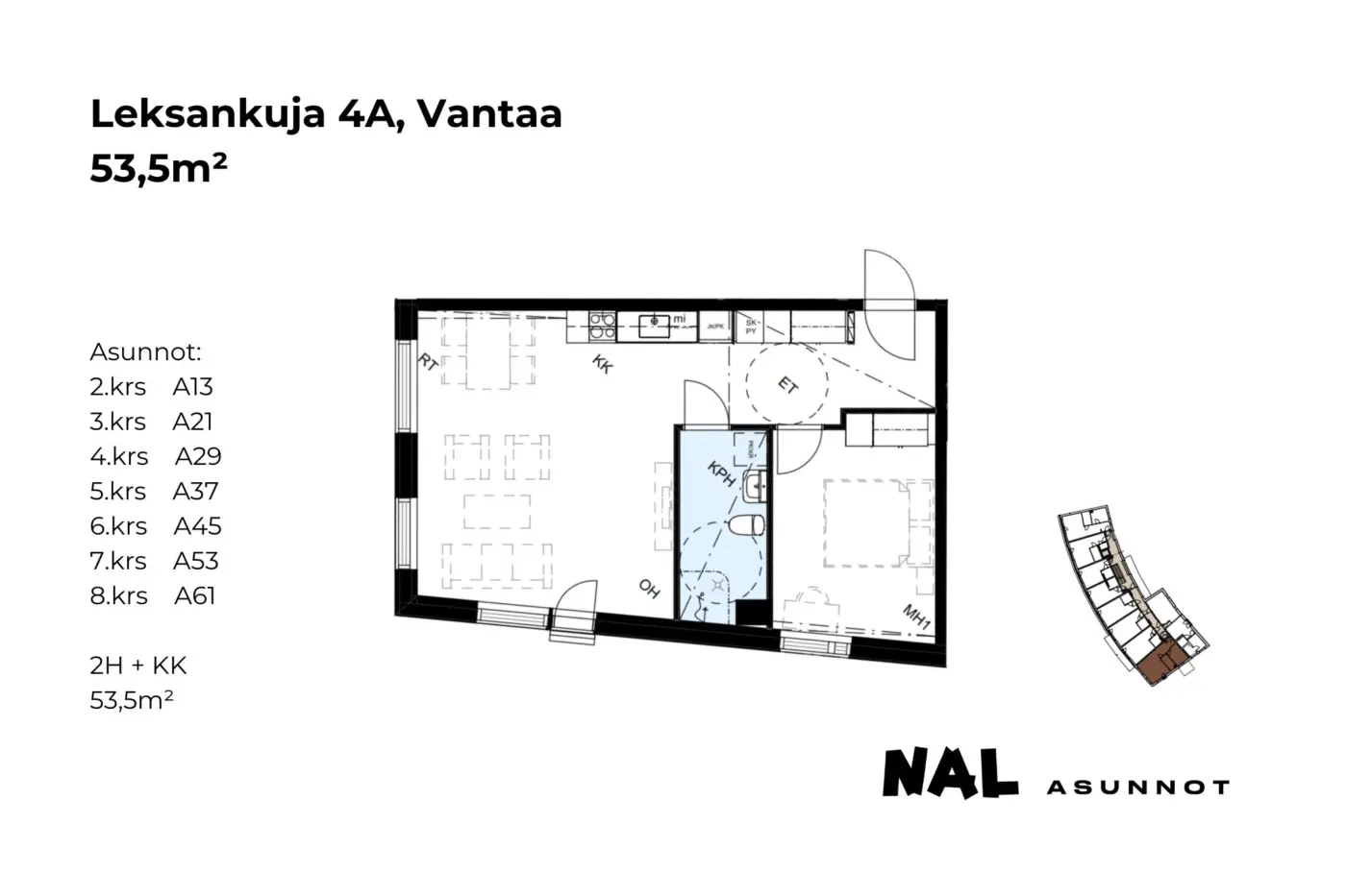 Leksankuja 4A, A13, A21, A29, A37, A45, A53, A61, 53,5m2