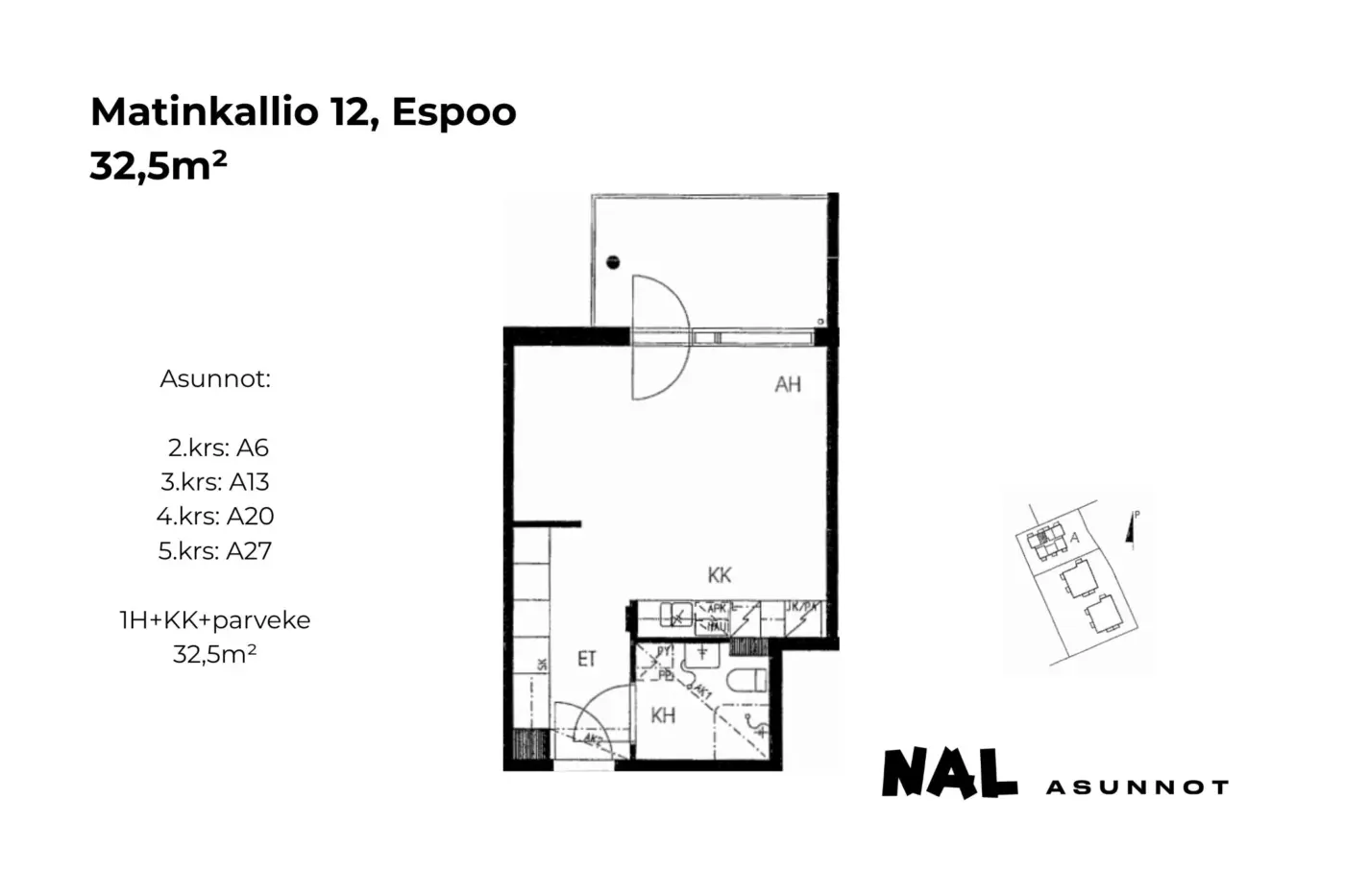 Matinkallio 12, 32,5m², A6, A13, A20, A27