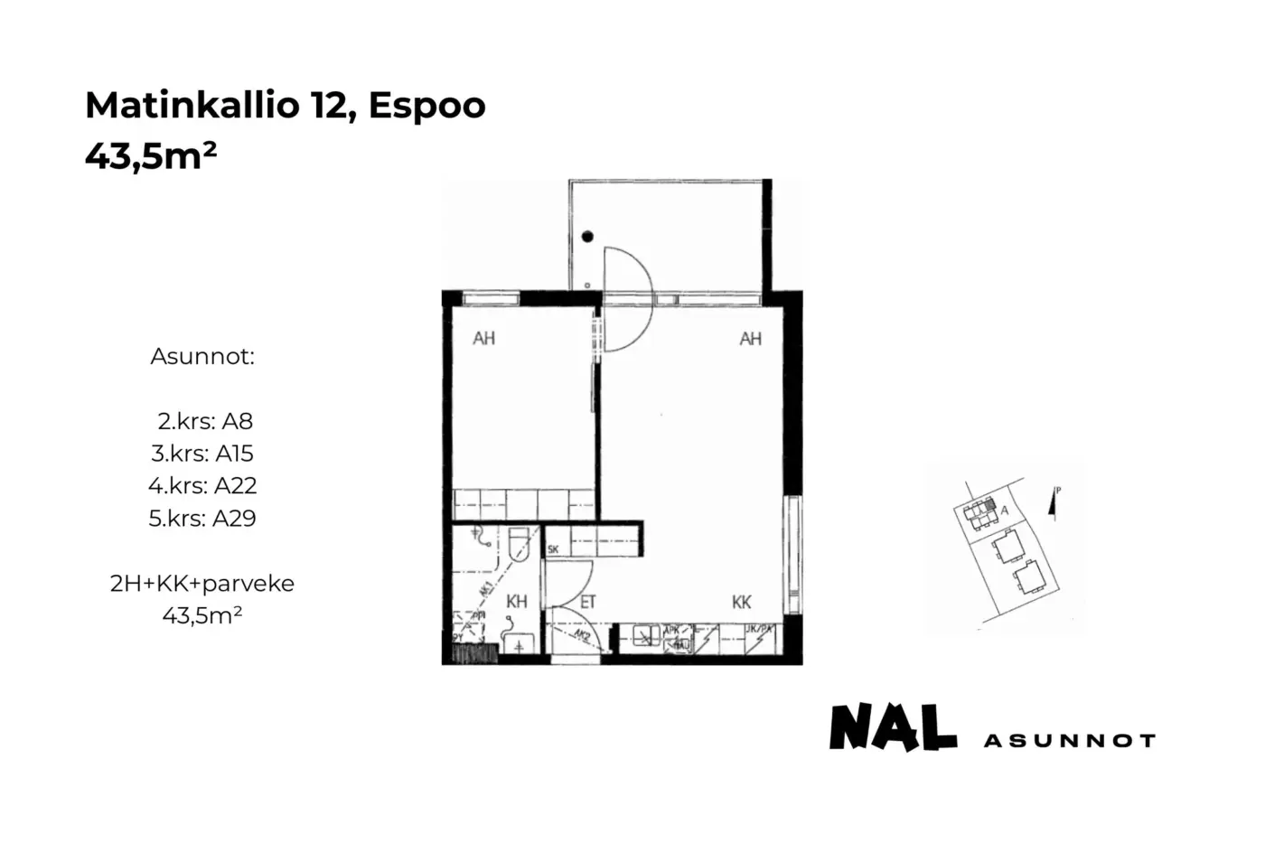 Matinkallio 12, 43,5m², A8, A15, A22, A29