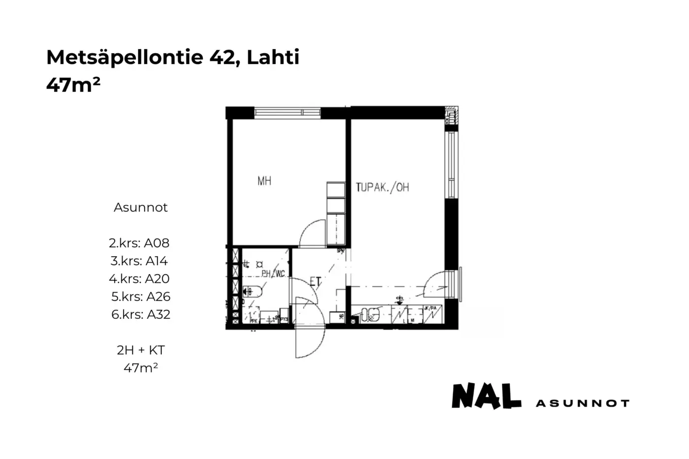 Metsäpellontie 42, 43m2, A09, A15, A21, A27, A33