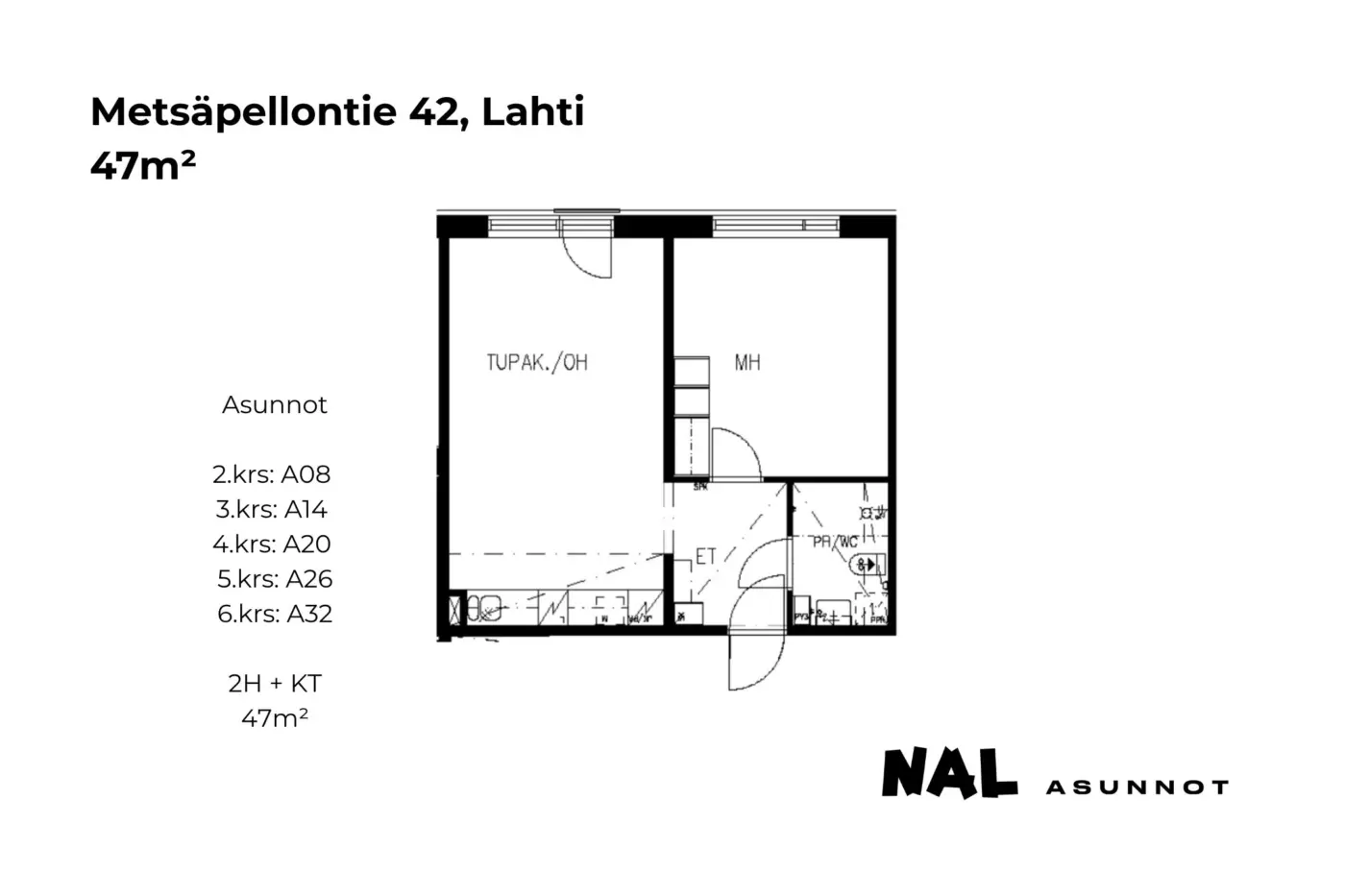 Metsäpellontie 42, 47m2, A08, A14, A20, A26, A32