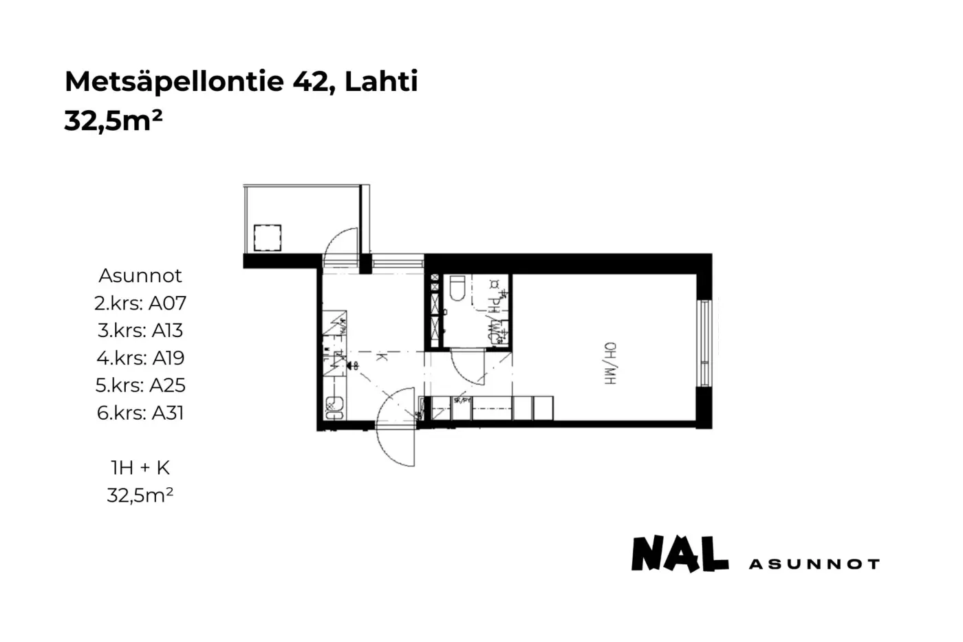 Metsäpellontie 42, A07, A13, A19, A25, A31, 32,5m2