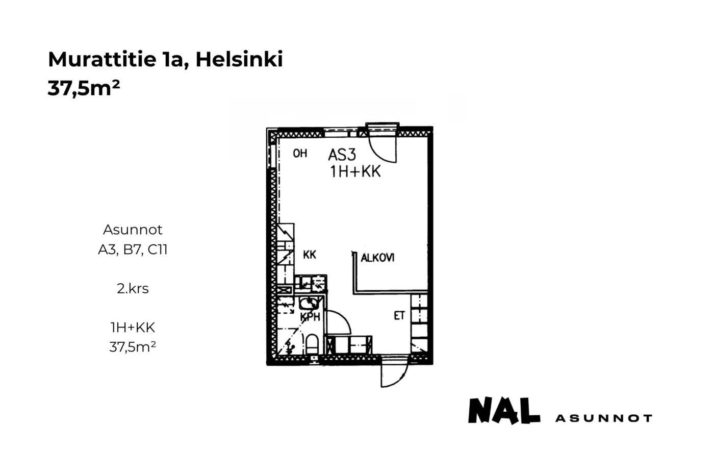 Murattitie 1a, A3, B7, C11, 37,5m2