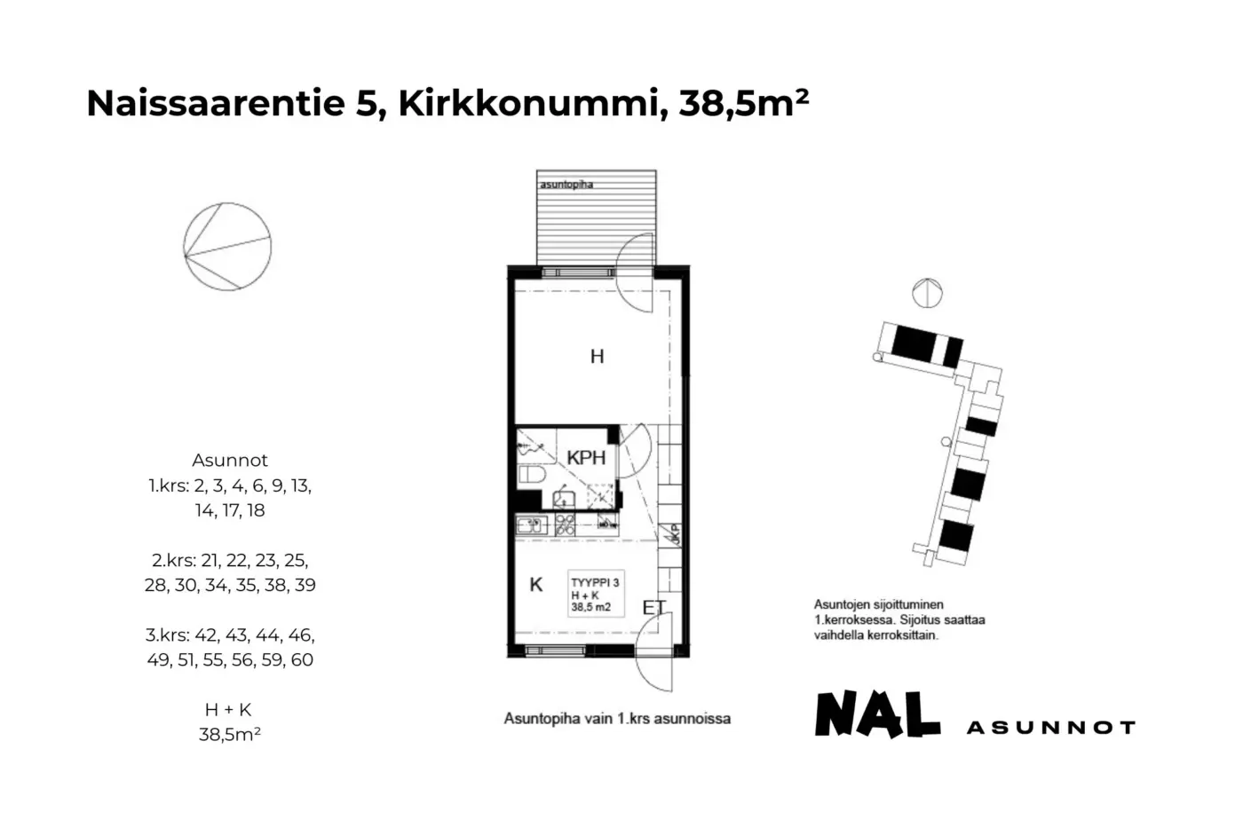 Naissaarentie 5, 38,5m², 2, 3, 4, 6, 9, 13, 14, 17, 18, 21, 22, 23, 25, 28, 30, 34, 35, 38, 39, 42, 43, 44, 46, 49, 51, 55, 56, 59, 60