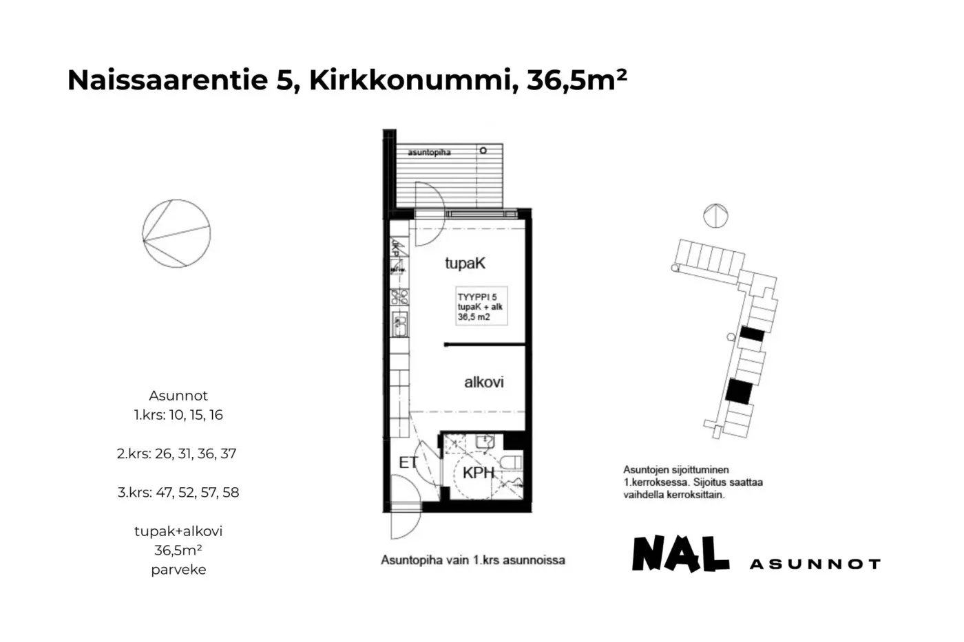 Naissaarentie 5, 36,5m², 10, 15, 16, 26, 31, 36, 37, 47, 52, 57, 58