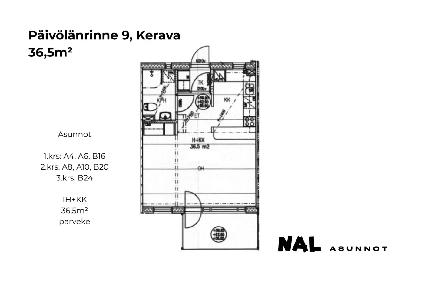Päivölänrinne 9, 36,5m², A4, A6, A8, A10, B16, B20, B24