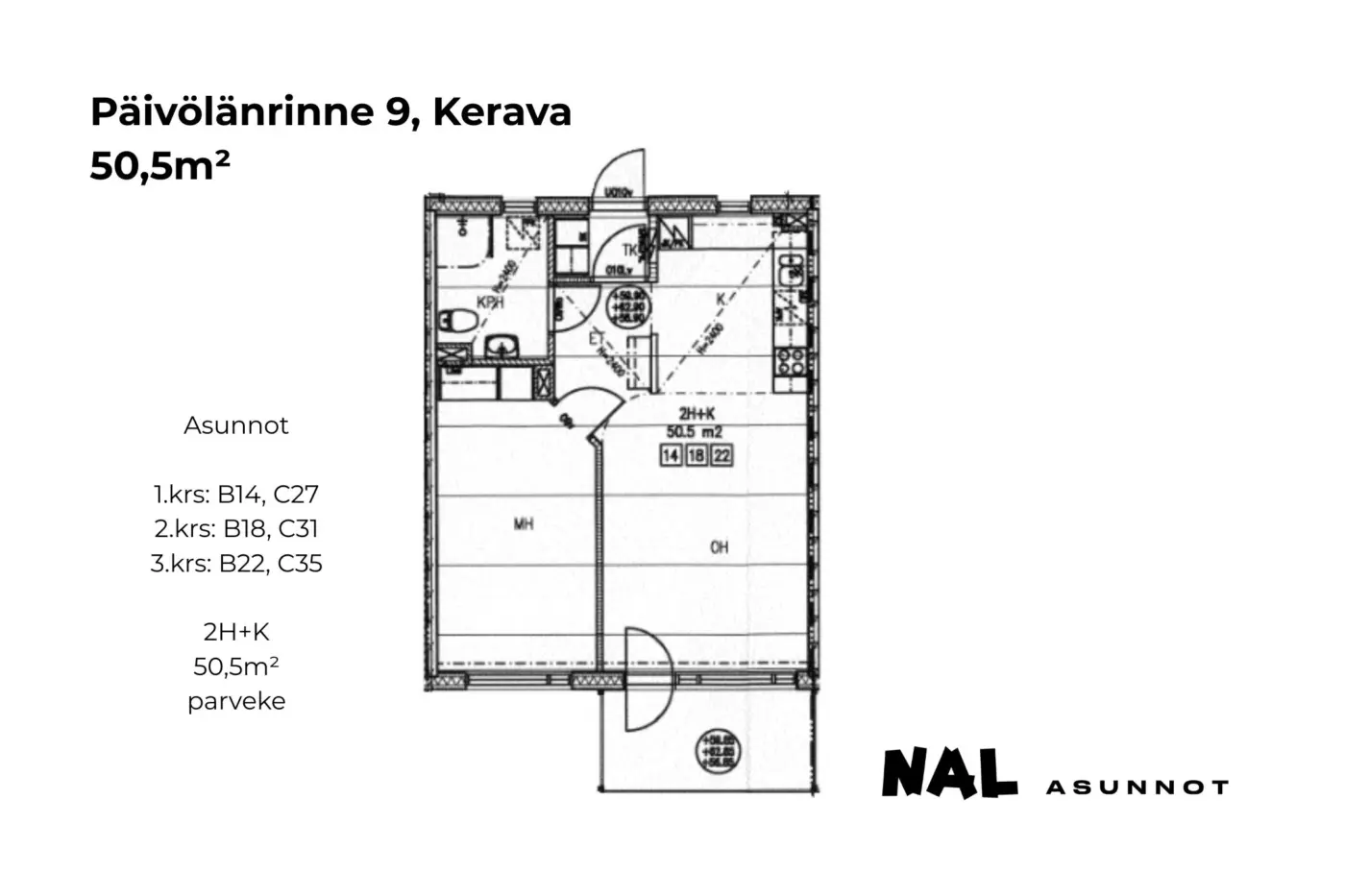 Päivölänrinne 9, 50,5m², B14, B18, B22, C27, C31, C35