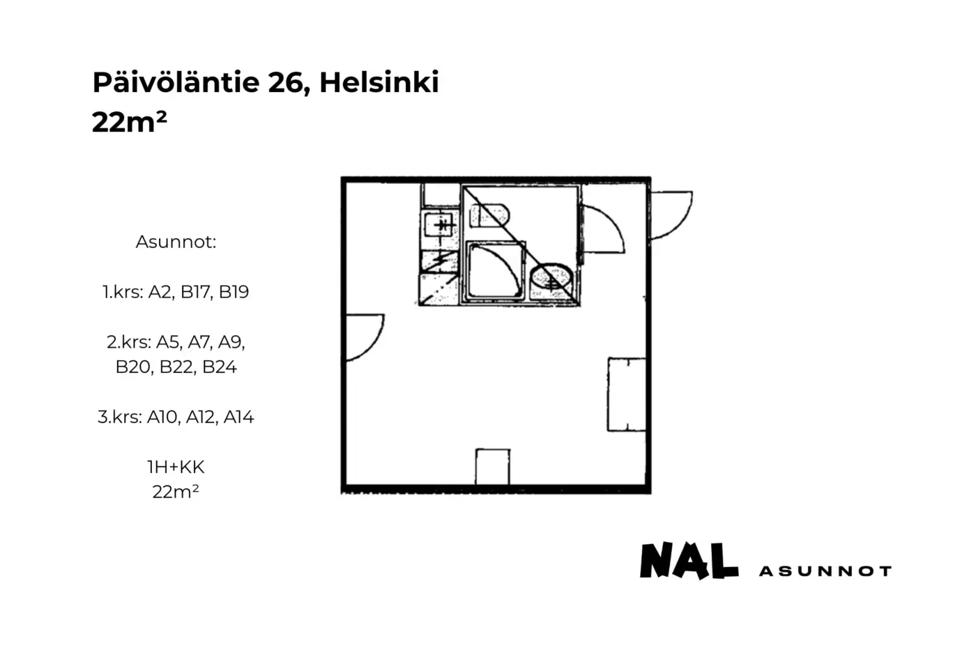 Päivöläntie 26, 22m², A2, A5, A7, A9, A10, A12, A14, B17, B19, B20, B22, B24