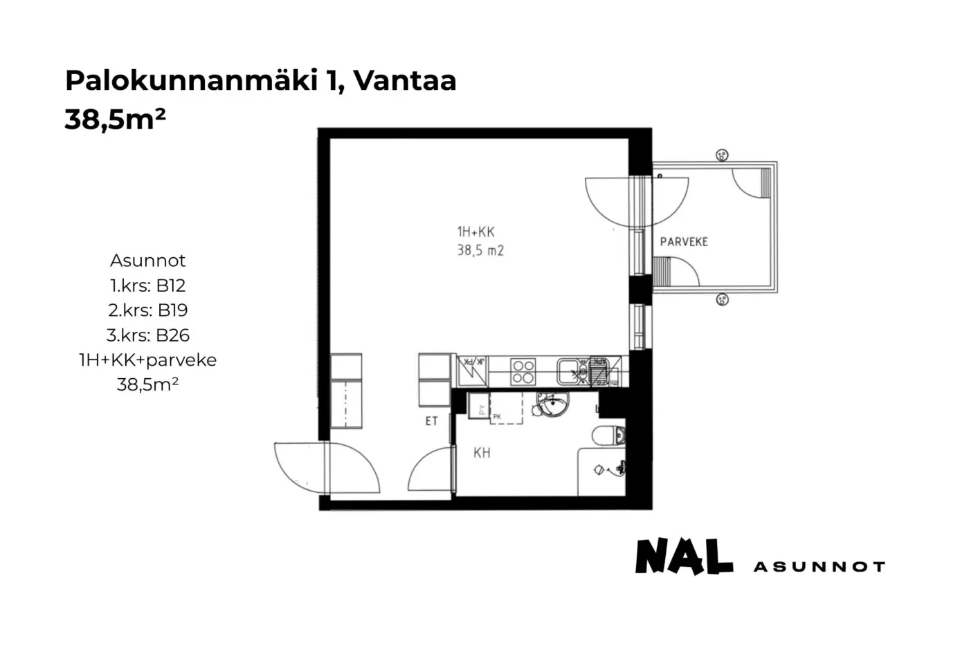 Palokunnanmäki 1, 38,5m², B12, B19, B26