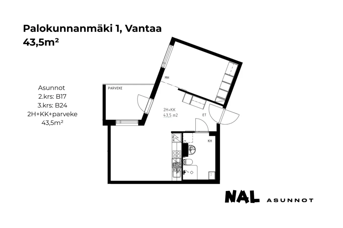 Palokunnanmäki 1, 43,5m², B17, B24