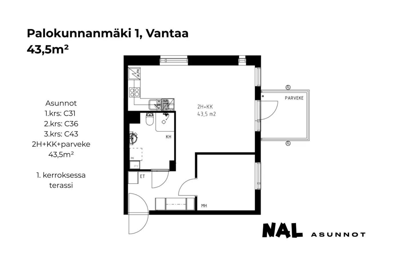 Palokunnanmäki 1, 43,5m², C31, C36, C43