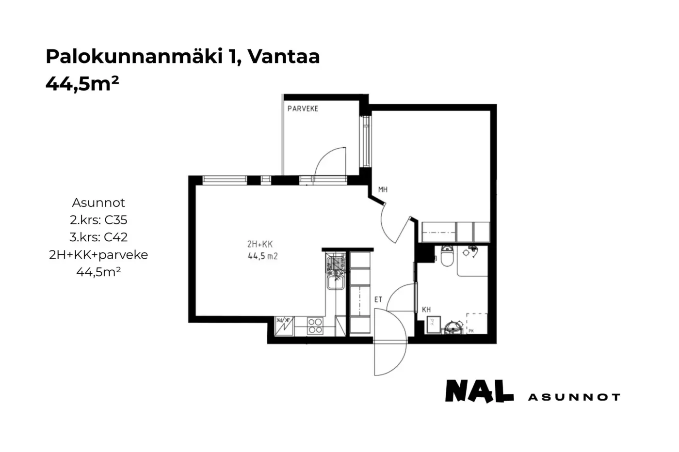 Palokunnanmäki 1, 44,5m², C35, C42