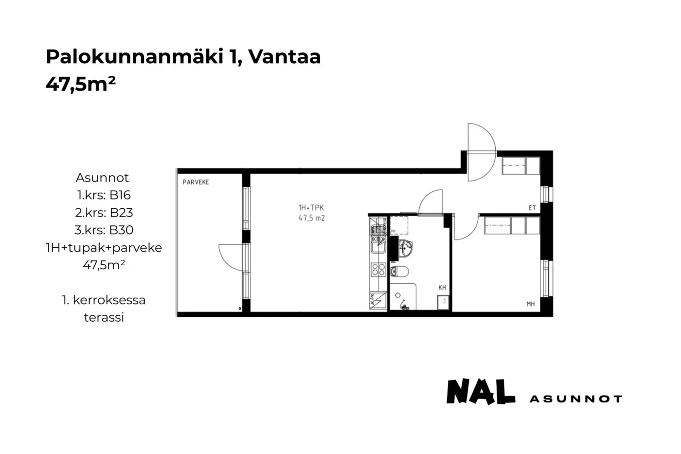 Palokunnanmäki 1, 47,5m², B16, B23, B30