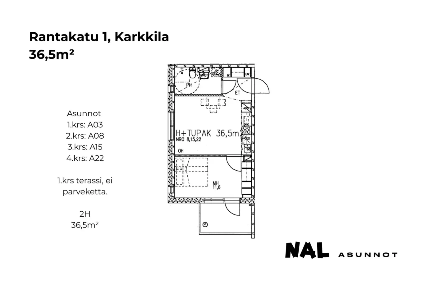 Rantakatu 1, A03, A08, A15, A22, 36,5m2