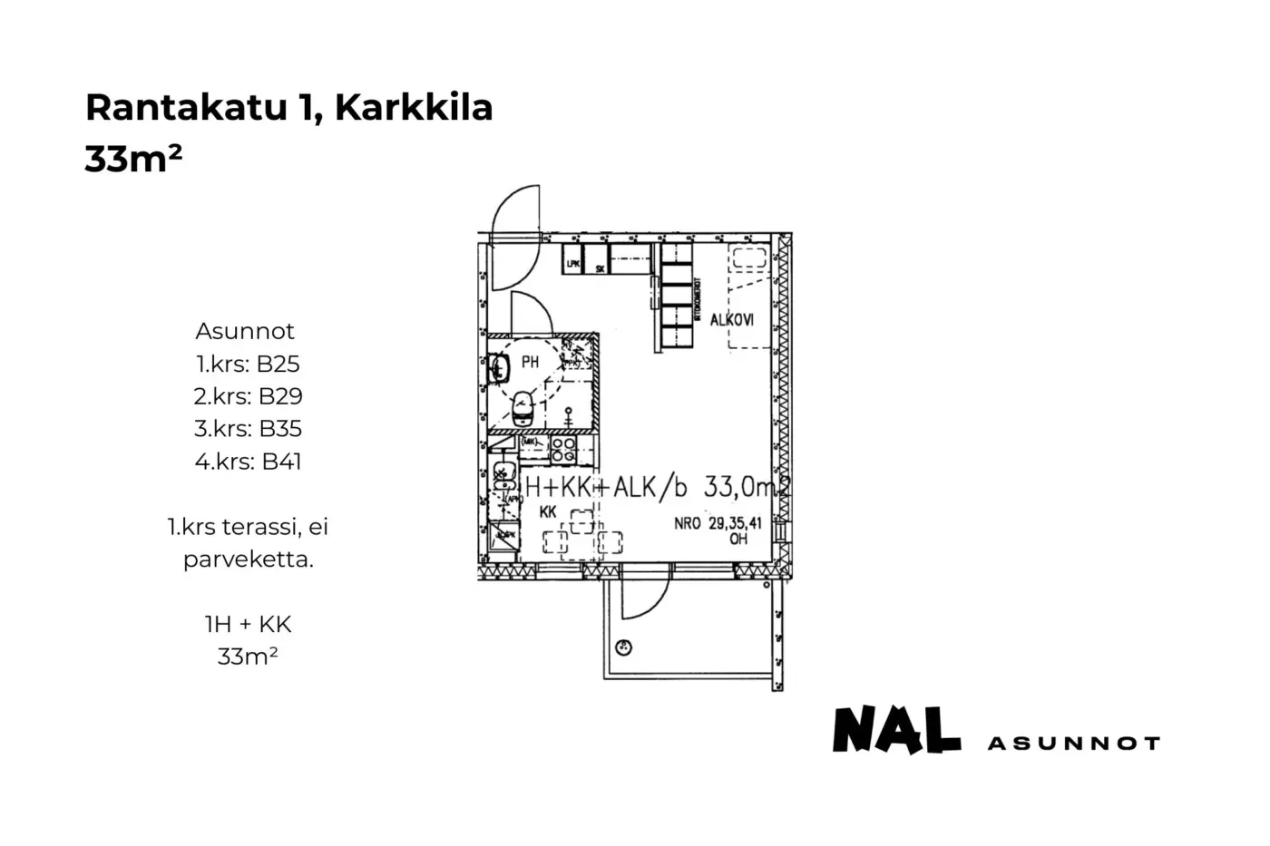Rantakatu 1, B25, B29, B35, B41, 33m2
