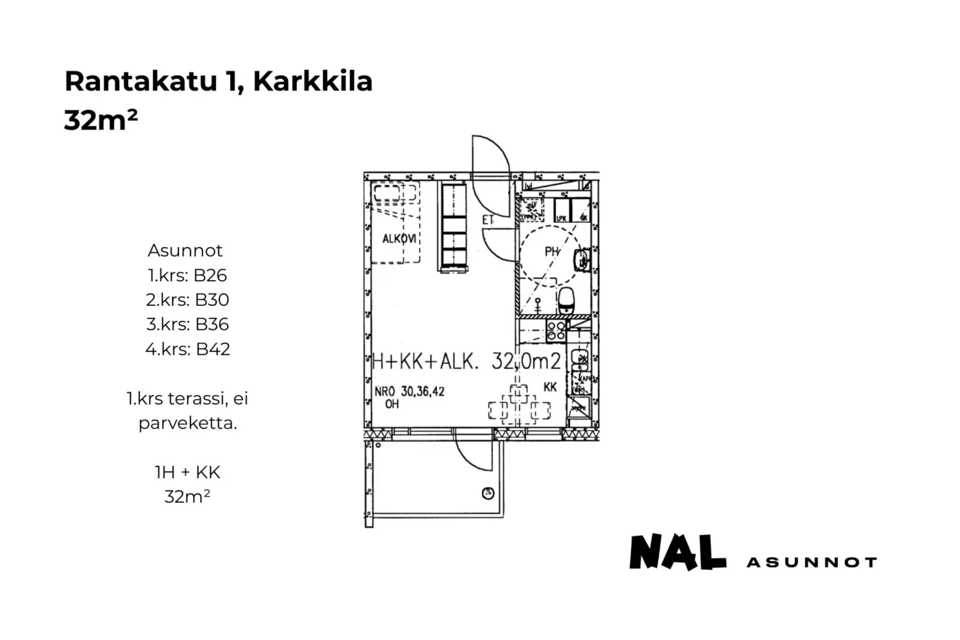 Rantakatu 1, B26, B30, B36, B42, 32m2