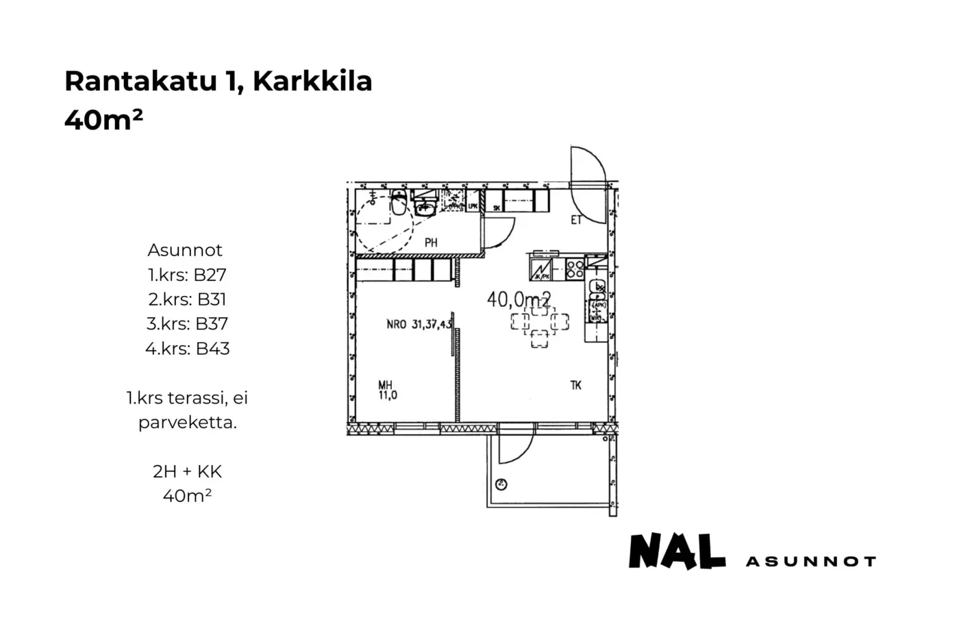 Rantakatu 1, B27, B31, B37, B43, 40m2