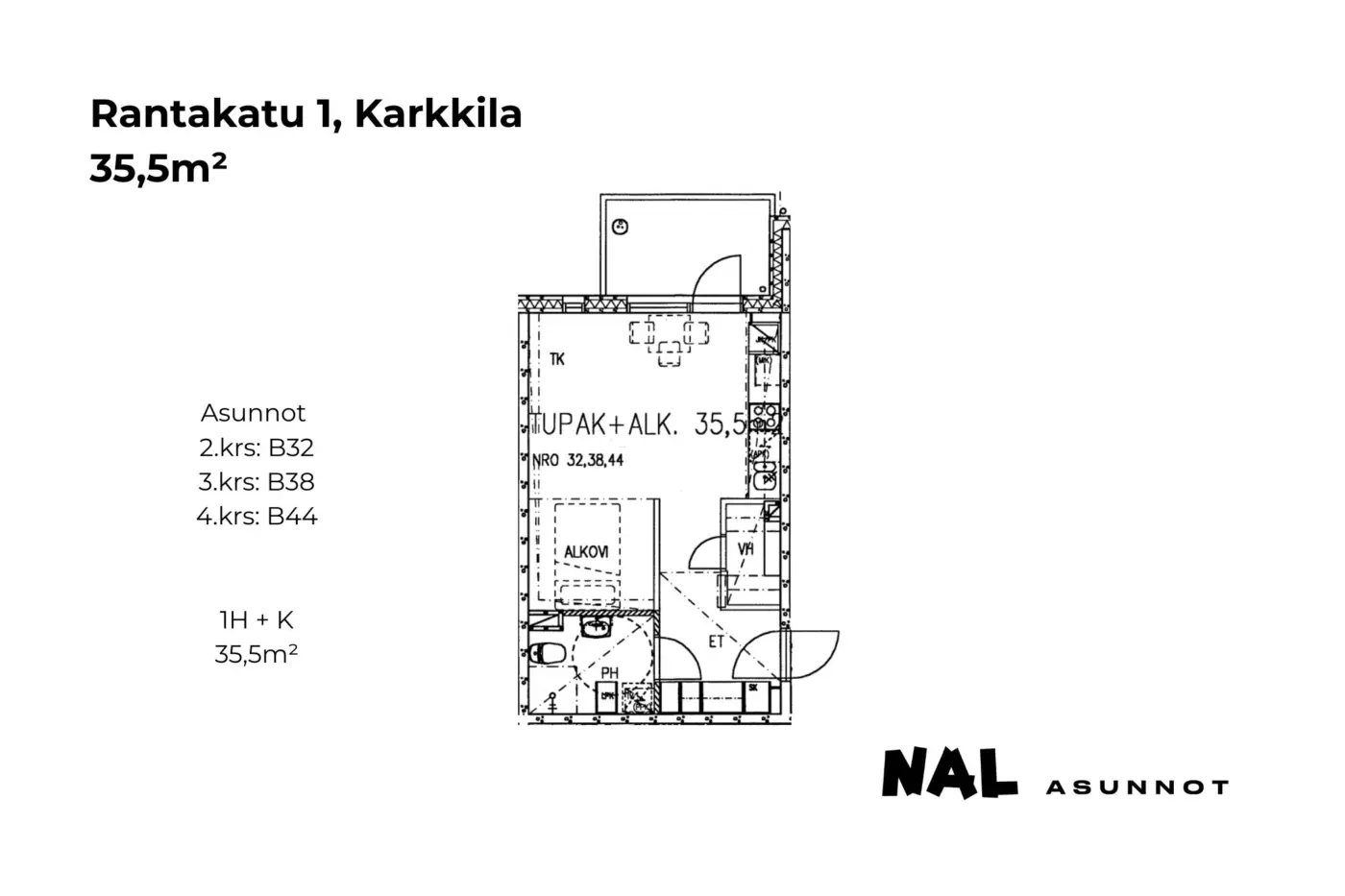 Rantakatu 1, B32, B38, B44, 35,5m2