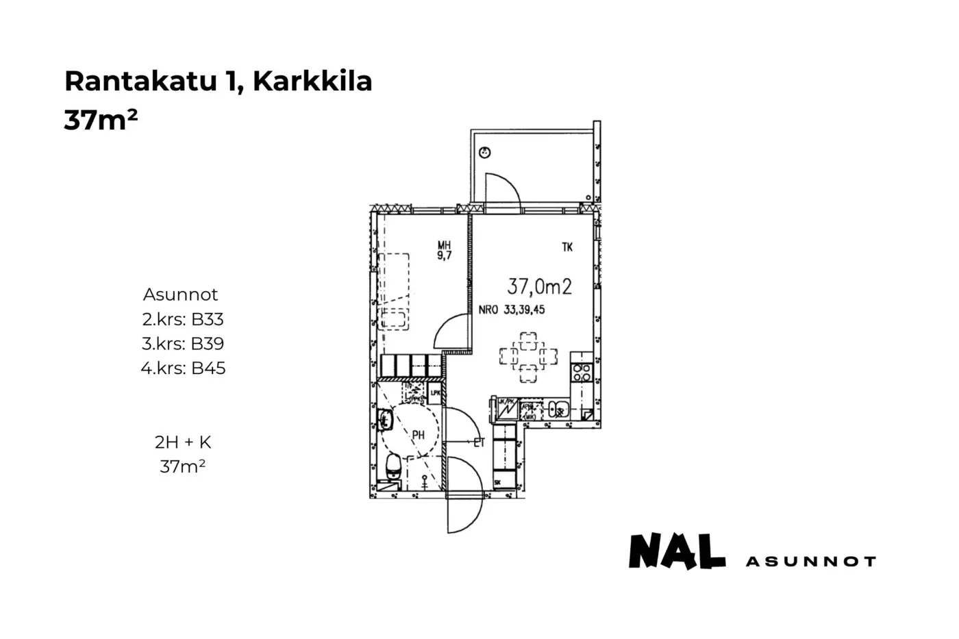Rantakatu 1, B33, B39, B45, 37m2