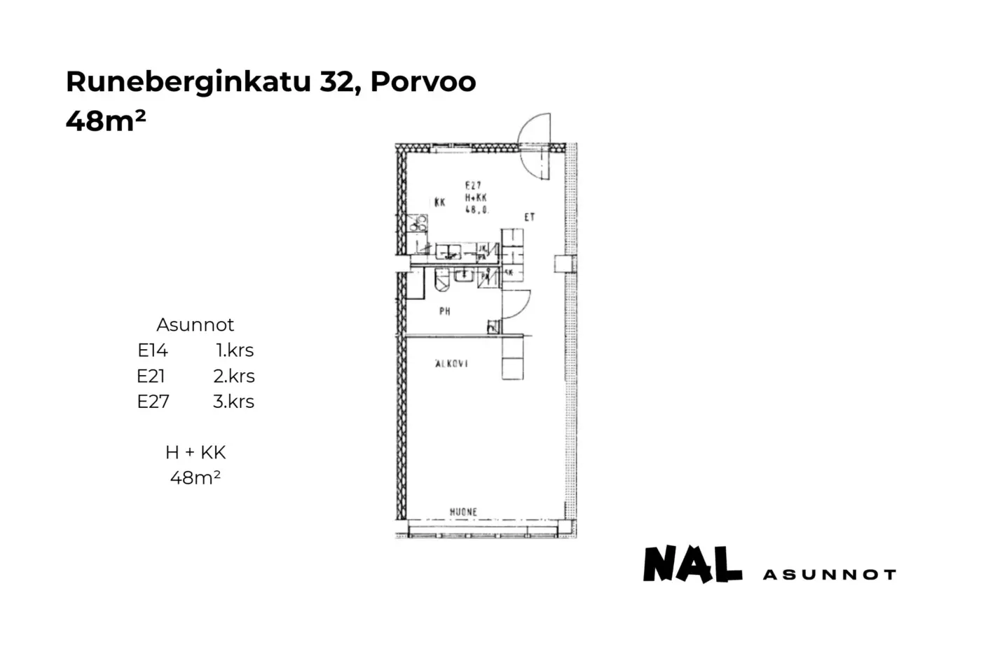 Runeberginkatu 32, E14, E21, E27, 48m2