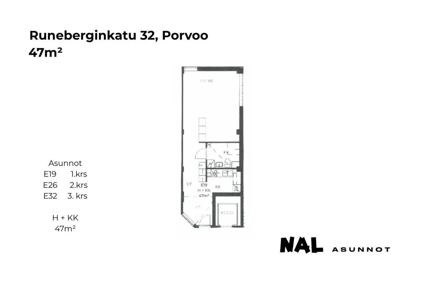Runeberginkatu 32, E19, E26, E32, 47m2