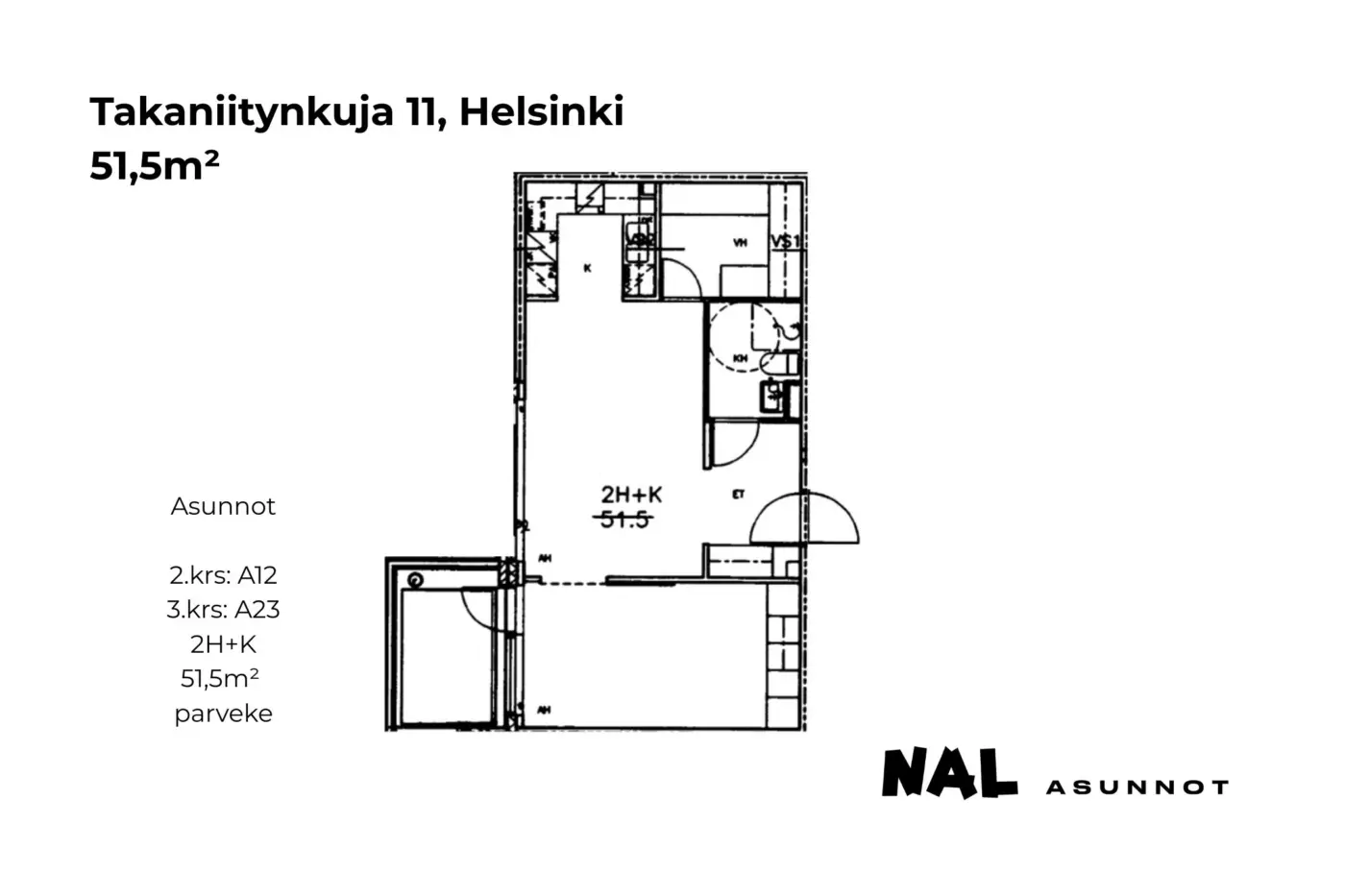 Takaniitynkuja 11, 51,5m², A12, A23